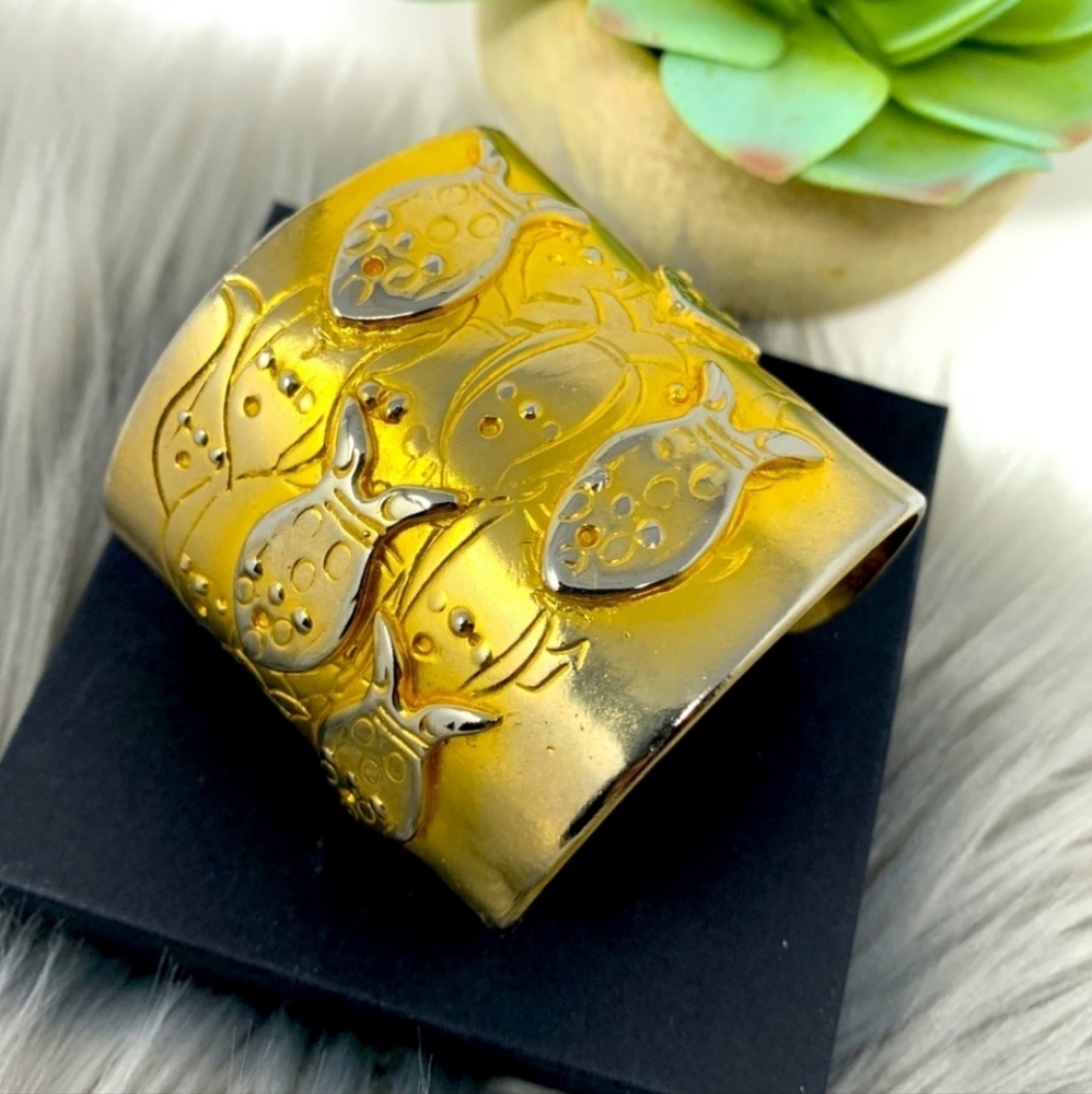 Unique One of a kind Heavy Fish Nautical Golden Bangle Bracelet
